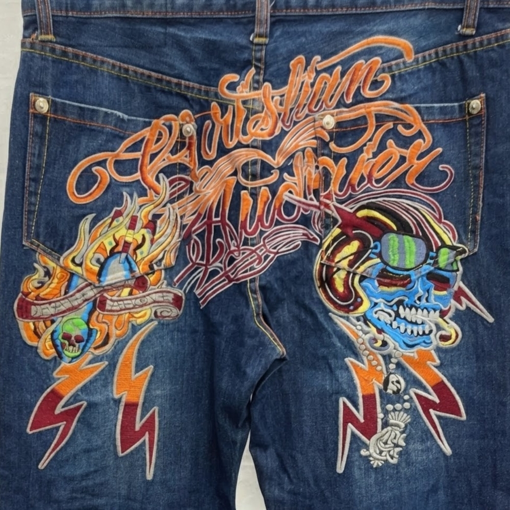 Christian Audigier Men’s Embroidered Blue Denim Jeans